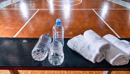 Water bottles and rolled towels await on a bench, signaling a break for athletes.の素材