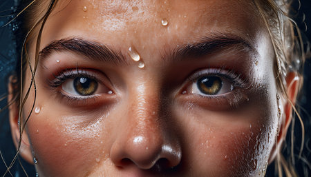 female athlete intense expression shows concentration and effort, glistening with sweat.の素材