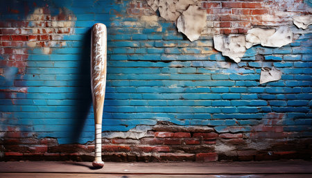 A weathered baseball bat leans against a chipped blue brick wall, capturing the essence of sports.の素材