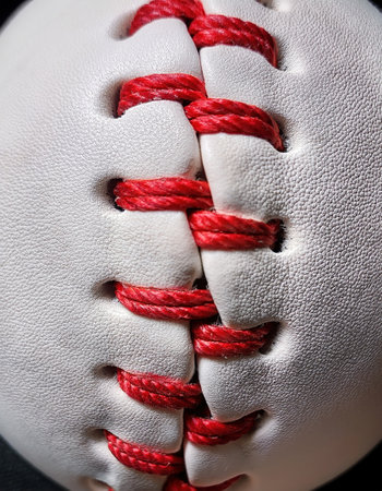 Close up view reveals the detailed stitching and texture of a baseball, symbolizing sport.の素材