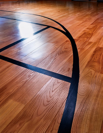 A polished basketball court with smooth wood flooring and striking lines reflecting warm light.の素材