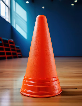 A bright orange training cone stands out in the gym, ready for athletic activities.の素材