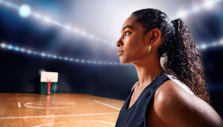 An athlete stands focused on the brightly lit court, ready for action.の素材