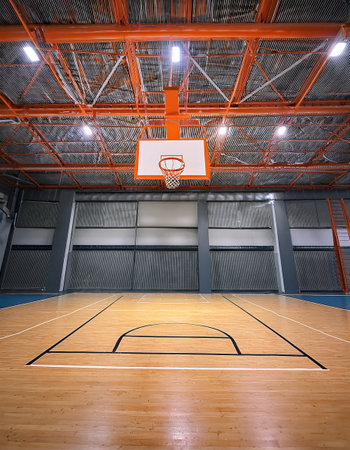 Brightly lit basketball court awaits players eager for competition and teamwork.の素材