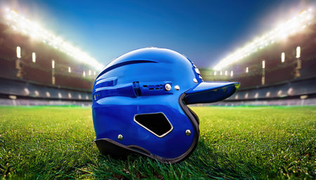A blue batting helmet rests on green turf as dusk falls over the stadium.の素材