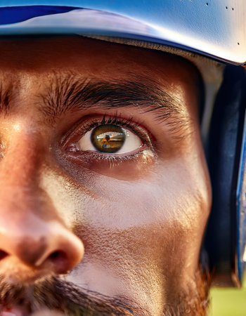 A close up shows the athletes determination as they get ready for the game.の素材