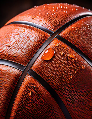 A wet basketball rests on the court, embodying the thrill of the game.の素材