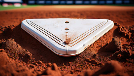 A close up of a home plate on a well kept diamond as players get ready for the game.の素材