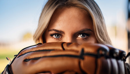 A focused athlete clutches a baseball glove against a vibrant field backdrop.の素材