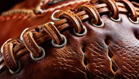 Detailed view of an aged leather baseball glove revealing intricate stitching and textureの素材