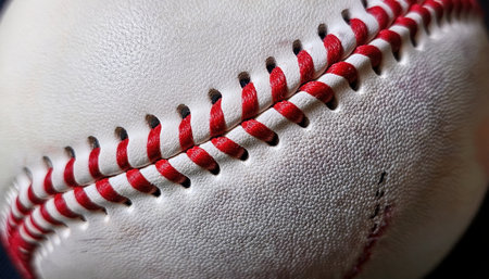 A close up of a worn baseball highlights its detailed stitching and texture.の素材