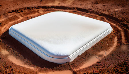 An inviting view of a pristine home plate set against the rich brown dirt of a baseball diamond.の素材