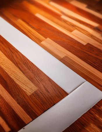 Brightly colored wooden surface meets sleek white lines, highlighting an engaging athletic space.の素材