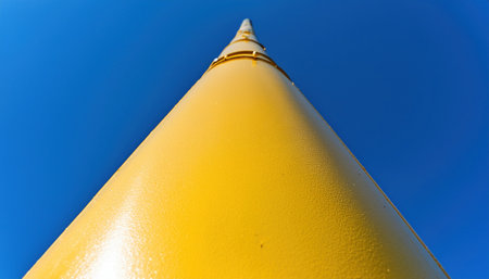 A tall yellow marker stands out against a bright blue sky, capturing athletic energy.の素材