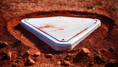 Vibrant baseball field with home plate, energized by the warm sun and rich red soil.の素材
