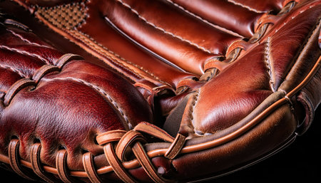 Detailed close up of a vintage leather baseball glove highlighting its rich texture and stitchesの素材