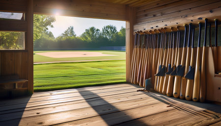 Warm sunlight fills the dugout, casting shadows on the bats and inviting players to the field.の素材