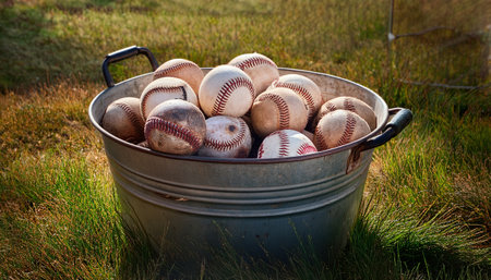Old baseballs rest in a metal bucket surrounded by vibrant grass on a sunny day.の素材