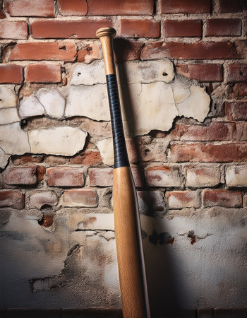 A vintage baseball bat leans against a cracked brick wall, symbolizing tradition and sports.の素材
