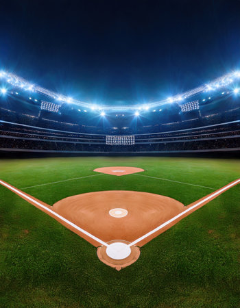 Empty baseball diamond awaits players as stadium lights create a vibrant atmosphere for night play.の素材