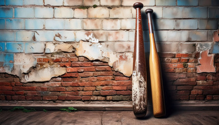 Two vintage baseball bats lean against a cracked brick wall, showcasing rustic urban charm.の素材