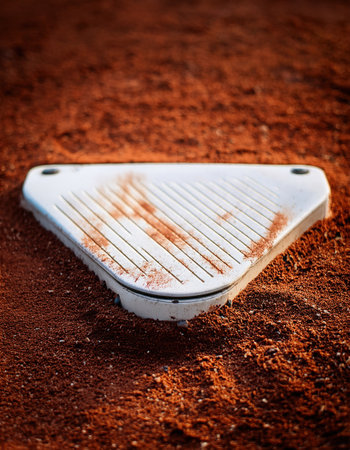 Dusty home plate stands firmly on the orange infield dirt as the sun begins to set.の素材