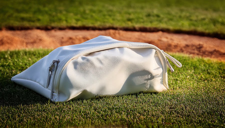 A white sports bag rests on the green grass by a sandy trap glowing in the bright sun.の素材