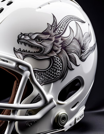 A football helmet with a bold dragon design embodies teamwork and competition.の素材