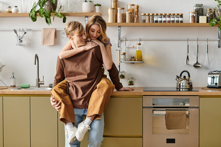 Couple enjoys playful affection in their modern kitchen filled with plants and warm decorのeditorial素材
