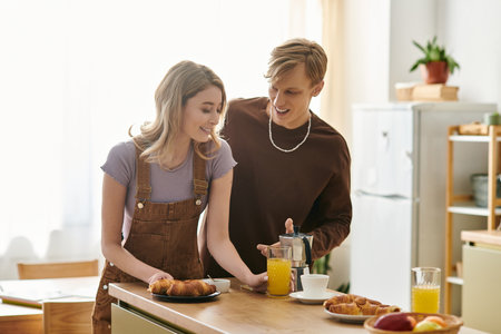 A loving couple enjoys a joyful morning at home, making breakfast and cherishing each other.の写真素材