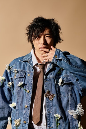An asian man showcases unique spring fashion, blending style and nature in a vibrant studio setting.