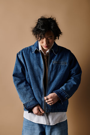 An Asian man poses confidently in stylish spring outfits, exuding modern fashion vibes.