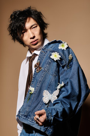 In a vibrant studio, an asian man wears a stylish spring outfit adorned with floral details.の写真素材