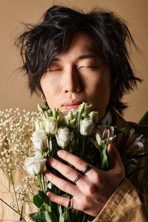 A fashionable asian man poses gracefully with fresh flowers, embracing the essence of spring.の写真素材