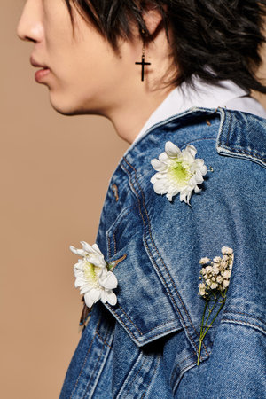 A stylish Asian man showcases spring fashion trends with floral accents in a modern studio.