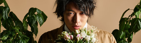 An asian man shows off his spring fashion in a chic studio, surrounded by greenery and flowers,...