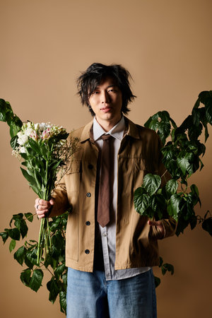 A fashionable man stands confidently in a studio holding fresh flowers, surrounded by lush plants.