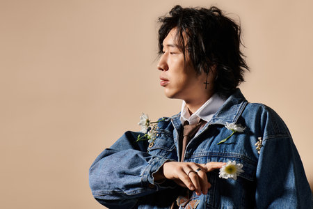 Asian man in trendy attire poses in a studio, highlighting spring style with floral details.