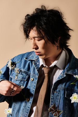 A fashionable asian man models spring attire with floral accents in a creative studio setting.