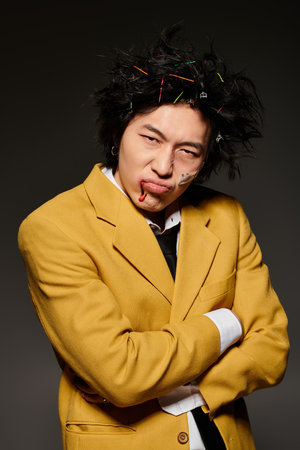 A stylish Asian man with blood on face flaunts a bold look with vibrant hair accessories this...