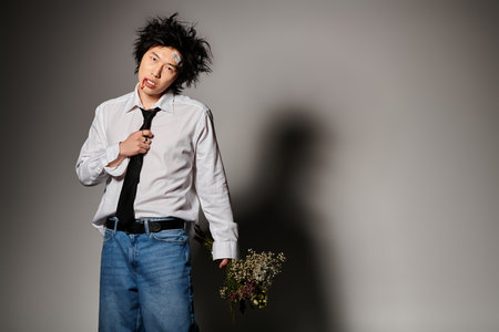 An asian man with blood on face poses confidently in stylish spring fashion, holding flowers in a creative studio.の写真素材