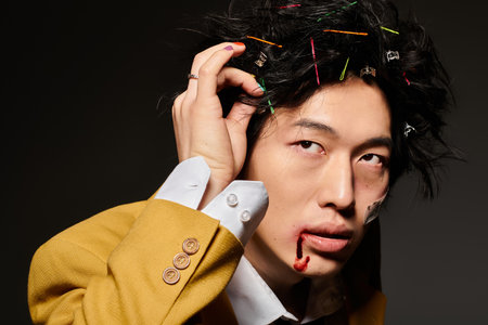 An asian man with blood on face showcases trendy spring fashion while exuding confidence in a studio...