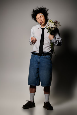 A stylish Asian man with blood on face poses confidently in a studio, blending casual attire with floral elegance.の写真素材