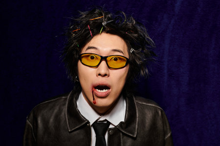 Astonished asian man with blood on face dressed in stylish spring attire impresses with a unique look and confident pose.のeditorial素材