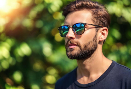 A young man with a beard enjoys the sun while surrounded by lush greenery, embracing relaxation.の素材