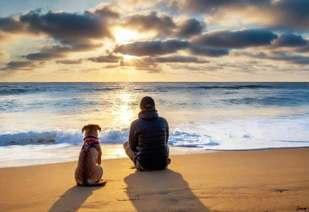 A person sits peacefully on the beach with a dog, watching the sunset over the calm ocean waves.の素材