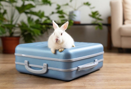 A fluffy rabbit relaxes on a blue suitcase surrounded by lush greenery.の素材