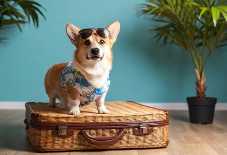 A cheerful corgi dressed in a tropical shirt stands proudly on a suitcase, exuding vacation vibes.の素材