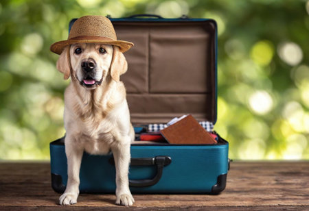 A playful dog wearing a straw hat peeks from a suitcase packed for a fun getaway in nature.の素材
