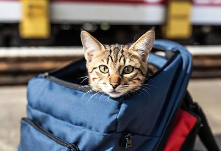 A curious cat peeks out from a cozy travel bag while waiting for a train.の素材